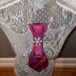 Red and Blue Striped necktie necklace with Snowflake Pin